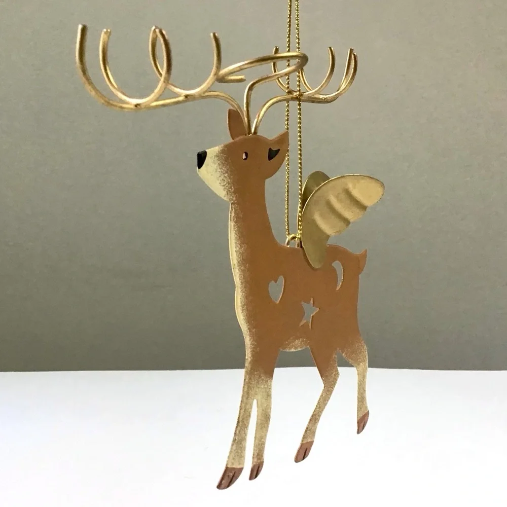 Reindeer Christmas Ornament Gold Wings Cut-Outs Whimsical Folk Art Rustic Deer